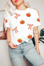 Load image into Gallery viewer, White Sequin Chenille Pumpkin Bow Pattern Casual Short T Shirt