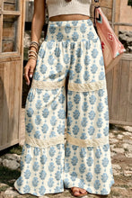 Load image into Gallery viewer, Sky Blue Floral Print Lace Patchwork Detail Wide Leg Pants