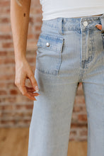 Load image into Gallery viewer, Sky Blue Stripe Button Flap Pocket Cuffed Hem Wide Leg Jeans