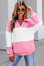 Load image into Gallery viewer, Rose Red Color Block Ricrac Trim Patchwork Collar V Neck Long Sleeve Top