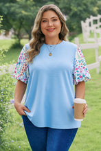 Load image into Gallery viewer, Light Blue Textured Bodice Contrast Floral Sleeve Plus Size Top