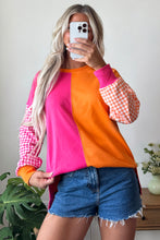 Load image into Gallery viewer, Rose Red Colorblock Gingham Sleeve Crewneck Sweatshirt