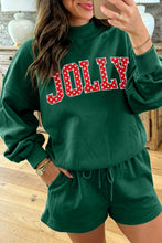 Load image into Gallery viewer, Dark Green Christmas Slogan Print Mock Neck Pullover and Shorts Set