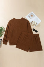 Load image into Gallery viewer, Chestnut Drop Shoulder Long Sleeve Top Elastic Waist Shorts Plus Size Set