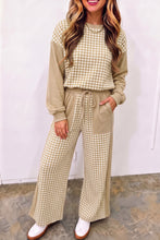 Load image into Gallery viewer, Red Color Block Plaid Patchwork Long Sleeve Pullover Wide Leg Pant Set