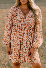 Load image into Gallery viewer, Beige Plus Size Floral Print V Neck Long Sleeve Babydoll Short Dress