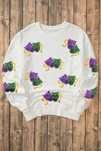 Load image into Gallery viewer, White Sequined Mardi Gras Mask Pattern Drop Shoulder Sweatshirt