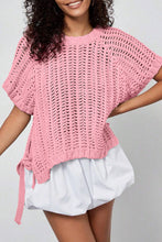 Load image into Gallery viewer, Pink Plus Size Open Knit Bow Tie Short Sleeve Sweater