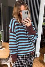 Load image into Gallery viewer, Brown Stripe Color Block Loose Crew Neck Cuffed Sweater