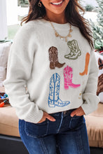 Load image into Gallery viewer, White Western Boots Embroidered Graphic Drop Shoulder Pullover Sweater