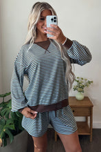Load image into Gallery viewer, Blue Stripe Oversized Long Sleeve Top Drawstring Loose Shorts 2pcs Set