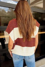 Load image into Gallery viewer, Brown Stripe Striped Colorblock Knit V Neck Short Sleeve Loose Sweater