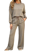 Load image into Gallery viewer, Simply Taupe Cozy Ribbed Patchwork Leopard Trim Long Sleeve 2pcs Pant Set