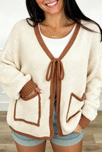Load image into Gallery viewer, Apricot Contrast Trim V-Neck Tie Front Loose Sweater Cardigan