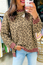 Load image into Gallery viewer, Brown Leopard Polka Dot Colorblock Trim Long Sleeve Top