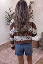 Load image into Gallery viewer, Brown Stripe Patchwork Polka Dot Accent Quarter Zip Long Sleeve Top