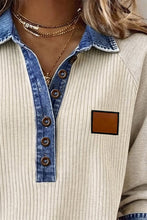 Load image into Gallery viewer, Light Grey Ribbed Denim Colorblock Detail Button Collar Long Sleeve Top