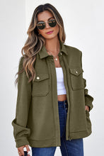 Load image into Gallery viewer, Blackish Green Solid Color Zip Up Button Flap Pocket Shirt Collar Jackets