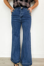 Load image into Gallery viewer, Ashleigh Blue Golden Button Detail Rolled Edge Flare Leg Jeans