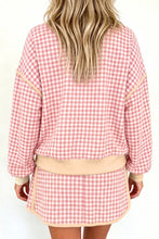 Load image into Gallery viewer, Brown Gingham Oversized Ribbed Trim Crew Neck Long Sleeve Top and Skort Set