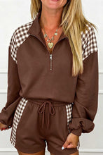 Load image into Gallery viewer, Fiery Red Plaid Patchwork Half Zip Pullover Drawstring Short Set