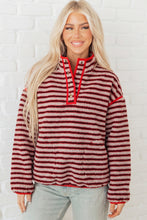 Load image into Gallery viewer, Red Striped Fuzzy Colorblock Button Placket Sweatshirt
