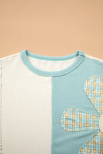 Load image into Gallery viewer, Light Blue Plaid Patchwork Round Neck Long Sleeve Top
