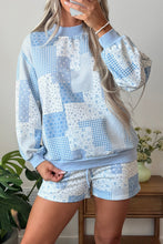 Load image into Gallery viewer, Light Pink Patchwork Floral Print Drop Shoulder Baggy Pullover Drawstring Shorts Set