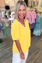 Load image into Gallery viewer, Turquoise Solid Color V Neck Short Puff Sleeve Blouse