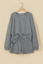 Load image into Gallery viewer, Brown Stripe Textured Knit Long Sleeve Top Elastic Waist Shorts Casual Outfit