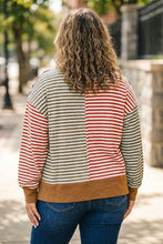 Load image into Gallery viewer, Brown Stripe Striped Colorblock V Neck Oversized Long Sleeve Plus Size Blouse
