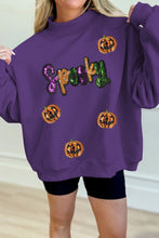 Load image into Gallery viewer, Tillandsia Purple Sequin Pumpkin Spooky Graphic Halloween Pullover Sweatshirt