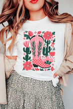 Load image into Gallery viewer, White Western Boots Flower Print Round Neck T Shirt
