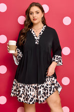 Load image into Gallery viewer, Black Plus Size Leopard Patchwork V Neck 3/4 Sleeve Ruffle Hem Mini Dress