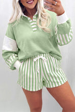 Load image into Gallery viewer, Black Striped Color Block Pullover Top Drawstring Shorts Set