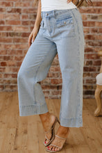Load image into Gallery viewer, Sky Blue Stripe Button Flap Pocket Cuffed Hem Wide Leg Jeans