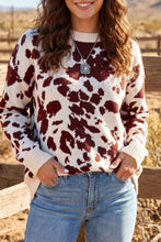 Load image into Gallery viewer, Brown Western Print Cow Pattern Long Sleeve Round Neck Pullover Knitwear Sweater