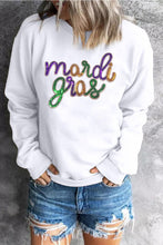 Load image into Gallery viewer, White Sequined mardi gras Graphic Crew Neck Drop Shoulder Sweatshirt