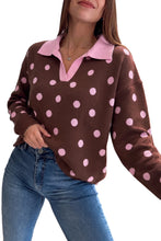 Load image into Gallery viewer, Pink Polka Dot Pattern Color Block Collared Loose Pullover Sweater