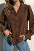 Load image into Gallery viewer, Coffee Solid Color Ruffle Trim V Neck Long Sleeve Button Corduroy Shakcet