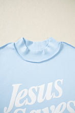 Load image into Gallery viewer, Mist Blue Jesus Saves Slogan Print Stand Neck Baggy Sweatshirt
