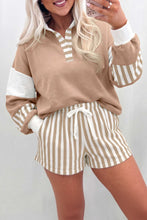 Load image into Gallery viewer, Black Striped Color Block Pullover Top Drawstring Shorts Set