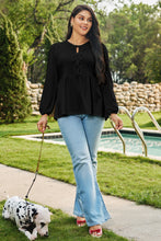 Load image into Gallery viewer, Black Solid Color Bow Tie Front Long Sleeve Plus Size Peplum Blouse