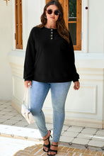 Load image into Gallery viewer, Black Solid Button Placket Crew Neck Plus Size Sweatshirt