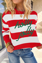 Load image into Gallery viewer, Red Stripe holly jolly Letter Embroidered Pullover Sweatshirt