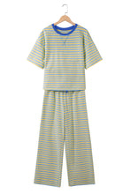 Load image into Gallery viewer, Pink Stripe Colorblock Trim Crew Neck Loose Tee Drawstring Elastic Waist 2pcs Pant Set