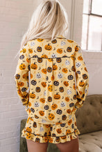 Load image into Gallery viewer, Orange Long Sleeve Ruffle Pumpkin Face Print Two Piece Lounge Set