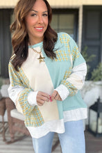 Load image into Gallery viewer, Light Blue Plaid Patchwork Round Neck Long Sleeve Top