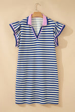 Load image into Gallery viewer, Dark Blue Striped Shift Dress Colorblock V Neck Short Sleeve Casual Summer