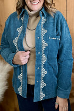 Load image into Gallery viewer, Blue Embroidered Corduroy V-Neck Long Sleeve Plus Size Shirt